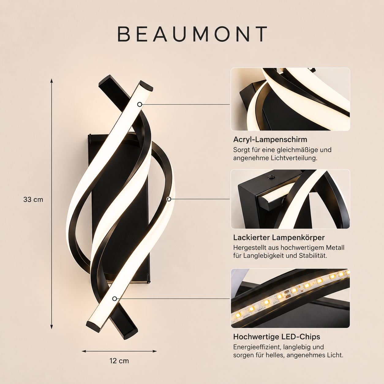 Beaumont – Wandleuchte Geschwungen Modern Weiß Schwarz